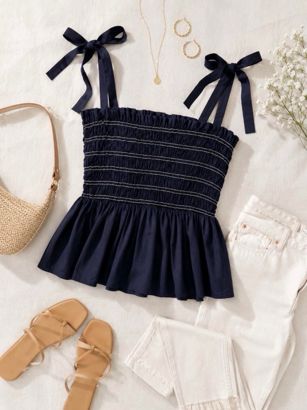 LOFT Navy Smocked Tie Strap Peplum Tank Top Size Medium